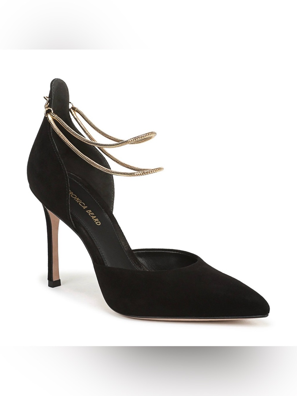 Veronica Beard Black Suede Pointed Toe Pump with Gold Chain Ankle Straps